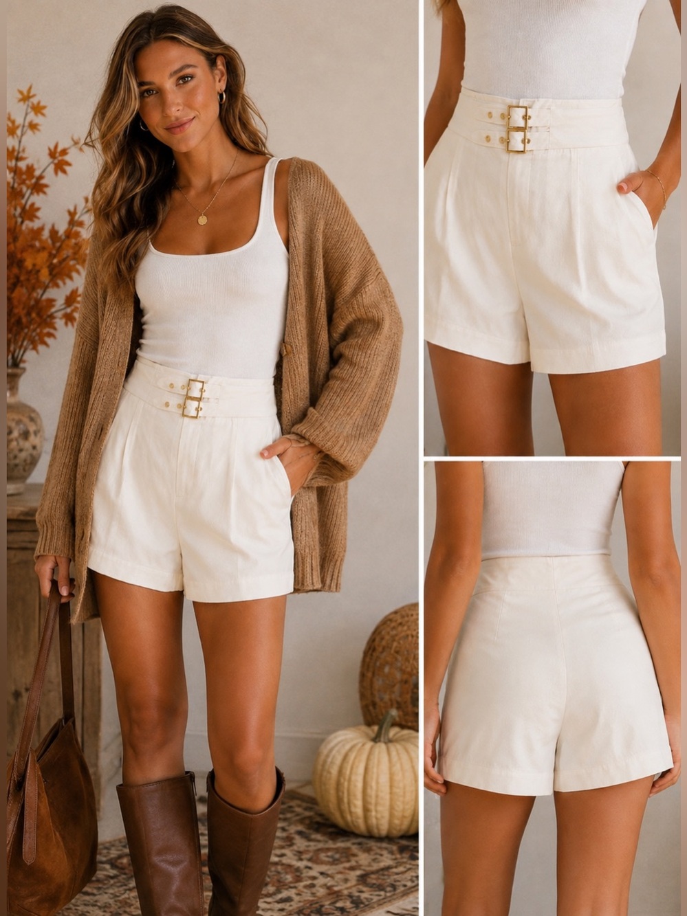 NWT Bishop + Young Kimberly High Waist Ivory Shorts with Gold Buckles Size L